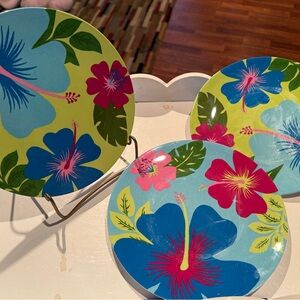 Hawaiian Melamine Plates Hibiscus Flower 9 Inch Dish Hawaii Set 3